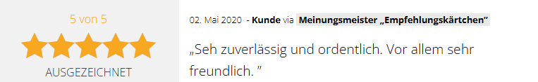 Positive 5-Sterne-Kundenbewertung vom 02.05.2020 für die GSV Gebäudereinigung & Grundstücksdienste GmbH in Dessau-Roßlau: "Sehr zuverlässig und ordentlich. Vor allem sehr freundlich."