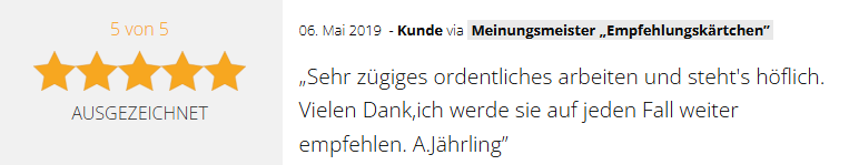 Positive 5-Sterne-Kundenbewertung vom 06.05.2019 für die GSV Gebäudereinigung & Grundstücksdienste GmbH in Dessau-Roßlau: "Sehr zügiges ordentliches arbeiten und stets höflich. Vielen Dank, ich werde Sie auf jeden Fall weiterempfehlen."