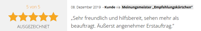 Positive 5-Sterne-Kundenbewertung vom 08.12.2019 für die GSV Gebäudereinigung & Grundstücksdienste GmbH in Dessau-Roßlau: "Sehr freundlich und hilfsbereit, sehen mehr als beauftragt. Äußerst angenehmer Erstauftrag."