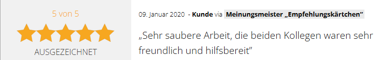 Positive 5-Sterne-Kundenbewertung vom 09.01.2020 für die GSV Gebäudereinigung & Grundstücksdienste GmbH in Dessau-Roßlau: "Sehr saubere Arbeit, die beiden Kollegen waren sehr freundlich und hilfsbereit."
