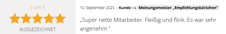 Positive 5-Sterne-Kundenbewertung vom 10.09.2020 für die GSV Gebäudereinigung & Grundstücksdienste GmbH in Dessau-Roßlau: "Super nette Mitarbeiter. Fleißig und flink. Es war sehr angenehm."