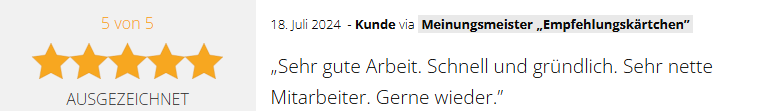 Positive 5-Sterne-Kundenbewertung vom 18.07.2024 für die GSV Gebäudereinigung & Grundstücksdienste GmbH in Dessau-Roßlau: "Sehr gute Arbeit. Schnell und gründlich. Sehr nette Mitarbeiter. Gerne wieder."