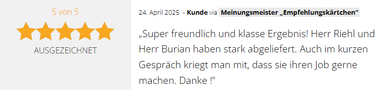 Positive 5-Sterne-Kundenbewertung vom 24.04.2025 für die GSV Gebäudereinigung & Grundstücksdienste GmbH in Dessau-Roßlau: "Super freundlich und klasse Ergebnis! Herr Riehl und Herr Burian haben stark abgeliefert. Auch im kurzem Gespräch kriegt man mit, dass sie ihren Job gerne machen. Danke!"