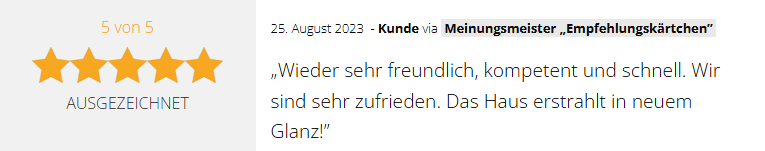 Positive 5-Sterne-Kundenbewertung vom 25.08.2023 für die GSV Gebäudereinigung & Grundstücksdienste GmbH in Dessau-Roßlau: "Wieder sehr freundlich, kompetent und schnell. Wir sind sehr zufrieden. Das Haus erstrahlt in neuem Glanz!"