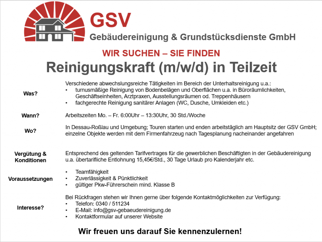 Stellenanzeige für eine Reinigungskraft (m/w/d) in Teilzeit bei der GSV Gebäudereinigung & Grundstücksdienste GmbH in Dessau-Roßlau